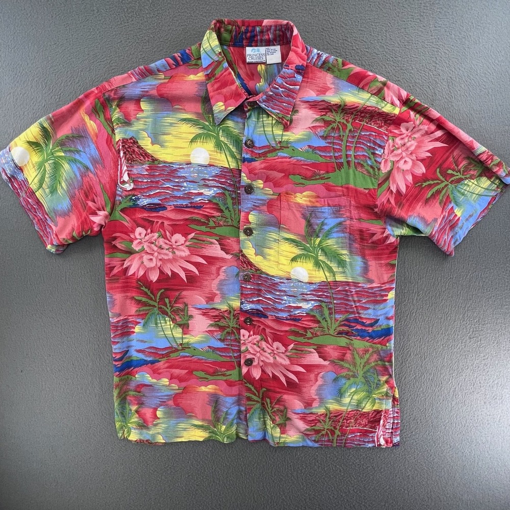VTG Princess Cruises Men Shirt Rayon Tropical Sunset Beach L Hawaiian Aloha